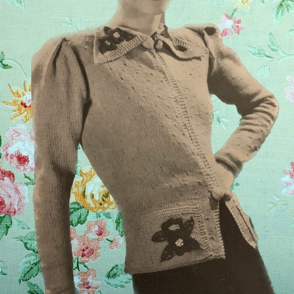 Pull antique/vintage avec appliqué florale - Pull féminin antique des années 1930 avec motif de manche gigot - patron tricot PDF français