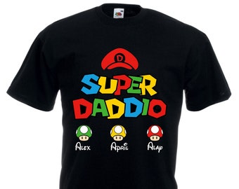 Personalized Novelty Super Daddio T-Shirt Gamer Dad Your kids name level up Father's Day funny Mario video games Unisex Adults Kids Tee Top