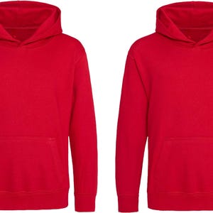 May include: Two red hooded sweatshirts with a kangaroo pocket and drawstring hood. The sweatshirts are made of a soft, solid-colored material. The image is a studio shot with a white background.