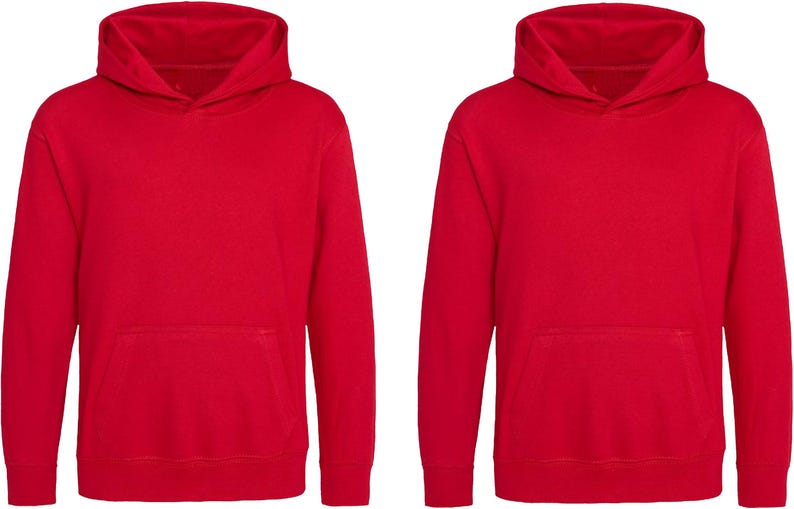 May include: Two red hooded sweatshirts with a kangaroo pocket and drawstring hood. The sweatshirts are made of a soft, solid-colored material. The image is a studio shot with a white background.