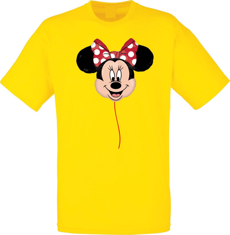 K&ouml;nnte beinhalten: Ein gelbes T-Shirt mit einem Minnie Mouse Ballon-Design. Der Ballon hat ein l&auml;chelndes Gesicht, schwarze Ohren und eine rote Schleife mit wei&szlig;en Punkten. Eine rote Schnur geht vom Ballon aus.