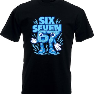 May include: Black t-shirt with a blue graphic that reads "SIX SEVEN" with the numbers designed as a cartoon character. The character has a smiling face, arms, legs, and is surrounded by lightning bolts.