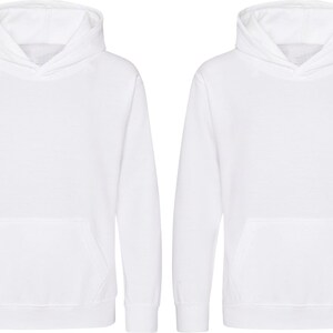May include: Two white hooded sweatshirts with long sleeves and a front kangaroo pocket. The hoodies have a drawstring hood and ribbed cuffs and hem. The sweatshirts are made of a soft, comfortable material.