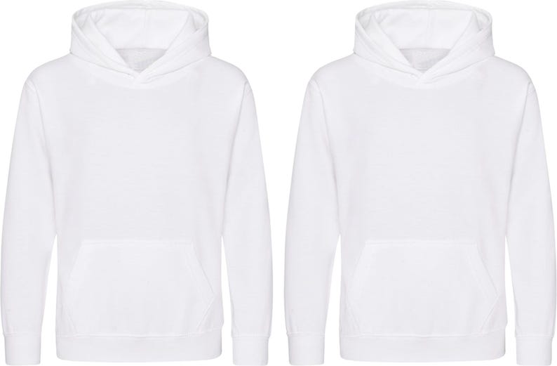 May include: Two white hooded sweatshirts with long sleeves and a front kangaroo pocket. The hoodies have a drawstring hood and ribbed cuffs and hem. The sweatshirts are made of a soft, comfortable material.