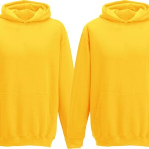 May include: Two bright yellow hoodies with attached hoods and front pockets. The sweatshirts have long sleeves and are made of a soft material. The hoodies are displayed on a white background.