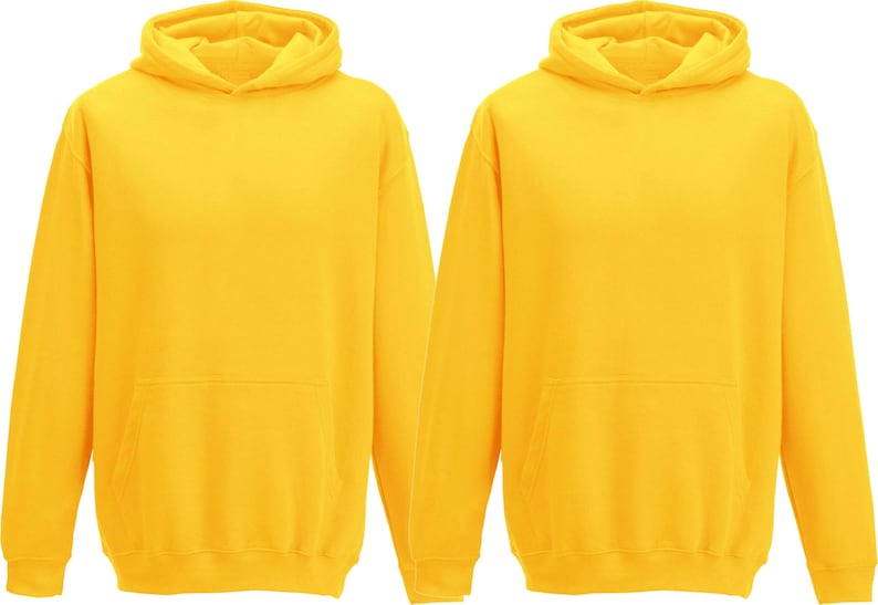 May include: Two bright yellow hoodies with attached hoods and front pockets. The sweatshirts have long sleeves and are made of a soft material. The hoodies are displayed on a white background.