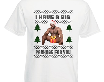 Barry sentado na cama. Eu tenho um pacote grande. Camiseta de Natal feia para adultos, unissex, masculina, com design retrô e vintage.