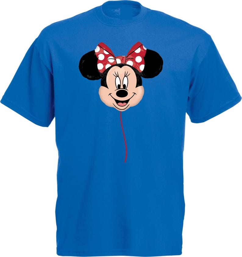 K&ouml;nnte beinhalten: Ein k&ouml;nigsblaues T-Shirt mit einem Minnie Mouse Ballon-Design. Der Ballon hat ein l&auml;chelndes Gesicht, schwarze Ohren und eine rote Schleife mit wei&szlig;en Punkten. Eine rote Schnur erstreckt sich vom Ballon.