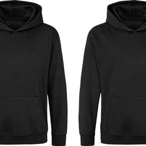 May include: Two black hoodies with attached hoods and front kangaroo pockets. The hoodies have long sleeves and ribbed cuffs and hem. The fabric appears to be a soft, medium-weight material.