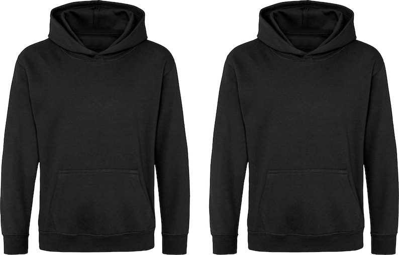 May include: Two black hoodies with attached hoods and front kangaroo pockets. The hoodies have long sleeves and ribbed cuffs and hem. The fabric appears to be a soft, medium-weight material.
