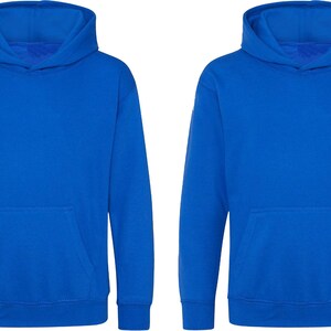 May include: Two royal blue hoodies with a hood and a front pocket. The long-sleeved sweatshirts have a solid color design. The hoodies are made of a soft material and are suitable for casual wear.