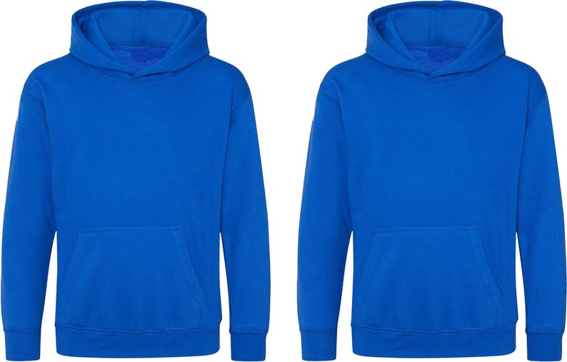 May include: Two royal blue hoodies with a hood and a front pocket. The long-sleeved sweatshirts have a solid color design. The hoodies are made of a soft material and are suitable for casual wear.