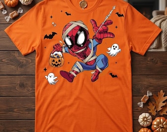 Spiderman Halloween Shirt, Superhero Mummy Trick or Treat Tee, Cute Kids Spooky Season Clothes, Retro Cartoon Spider Hero Pumpkin Shirt