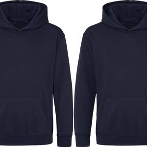 May include: Two navy blue hoodies with a front pocket and a hood. The hoodies are made of a soft material and are suitable for casual wear. The image shows the front of the hoodies.