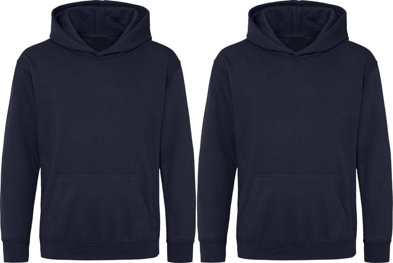 May include: Two navy blue hoodies with a front pocket and a hood. The hoodies are made of a soft material and are suitable for casual wear. The image shows the front of the hoodies.