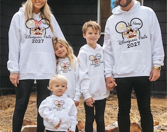 Printed Personalized Disney Paris 2027 Hoodie, Mickey Minnie Disney Family Matching Trip 2027 Unisex Adults Kids Top