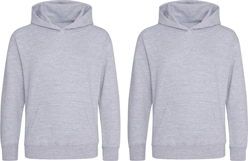 May include: Two light gray hoodies with a front pocket and a hood. The hoodies are made of a soft, comfortable material. The hoodies are a casual style.