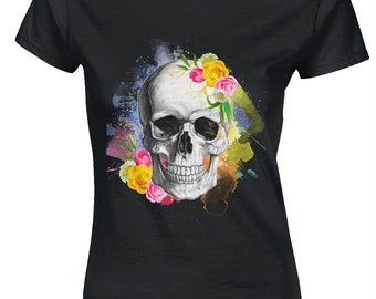 Ladies Fitted T-Shirt skull watercolour, flower tee, colourful skull,  paint skeleton shirt, halloween