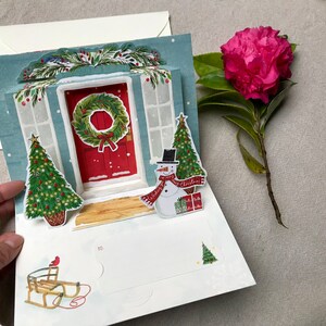 Tarjeta de felicitación navideña 3D emergente de papel hecha a mano: puerta, bienvenida a casa, árbol de Navidad, muñeco de nieve, sobre de temporada incluido.