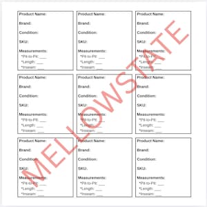 May include: Nine white rectangular product information templates with fields for product name, brand, condition, SKU, and measurements. The templates are arranged in a grid pattern. The word "MELLOWSKATE" is watermarked across the image.