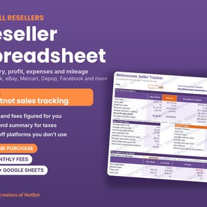 May include: A digital reseller spreadsheet tracker for inventory, profit, expenses, and mileage. The purple graphic features white text including For All Resellers, Reseller Spreadsheet, and a preview of the Mellowstate Seller Tracker.