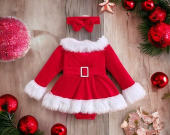 Christmas Baby Girls Long Sleeve Belted Romper Dress With Headband | 2Pcs Christmas Outfit Set Toddler | Baby Girl Christmas Outfit |