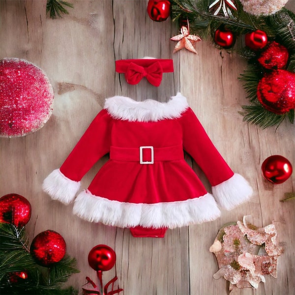 Christmas Baby Girls Long Sleeve Belted Romper Dress With Headband | 2Pcs Christmas Outfit Set Toddler | Baby Girl Christmas Outfit |