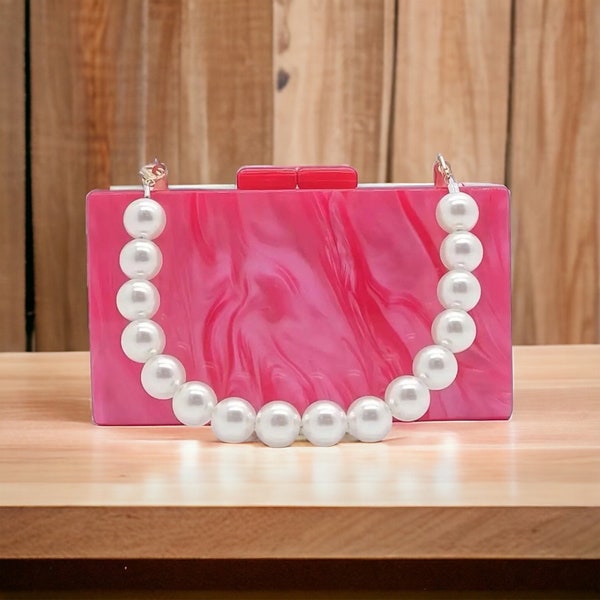 Fuchsia Pearl Acrylic Box Clutch | Bridal Bag | Wedding Clutch | Acrylic Box Bag | Party Clutch | Luxury Acrylic Purse