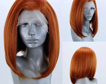 Short Straight Orange Ginger Bob Synthetic Lace Front Wig Middle Part Heat Resistant Fiber Wig Cosplay Daily Use