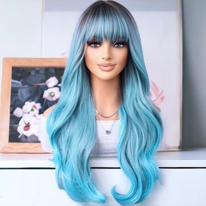Synthetic Long Body Wave Blue Wig For Cosplay Birthday Party | Soft Blue Synthetic Wig | Heat Resistant Fiber | Blue Wig With Bangs