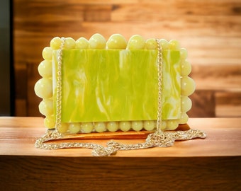 Beaded Lime Acrylic Clutch Bag | Acrylic Box Bag | Evening Clutch | Party Bag | Resin Clutch Bag | Luxury Party Clutch | Prom | Wedding