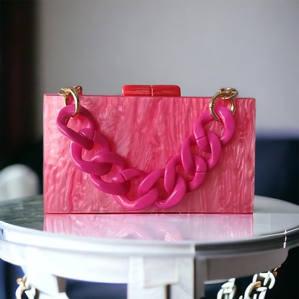 Fuchsia Pink Pearlescent Acrylic Clutch Bag | Candy  Hot Pink Acrylic Clutch | Pink Luxury Evening Bag | Bridal Clutch Party