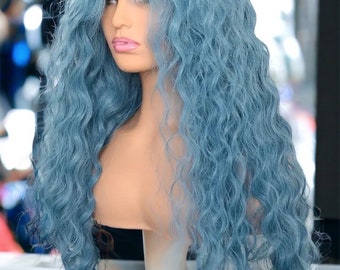 Blue Synthetic Lace Front Curly Wig Heat Resistant Fiber Natural Hairline Cosplay For Women 22”