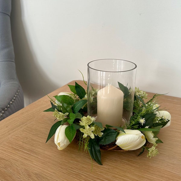 White Tulip Table Centrepiece | Candlestick Surround | Spring Table Decoration | Hurricane Lamp Arrangement | Easter Table Wreath