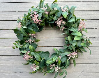 Eucalyptus and Pink Jasmine Front Door Decor | Floral Door Wreath | Artificial Year Round Wreath | Indoor Outdoor Wreath