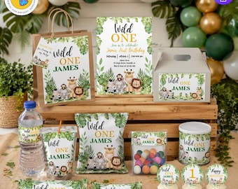Wild One Birthday Party-bundel: bewerkbare gunstkit, canva-sjablonen (alleen digitaal bestand)