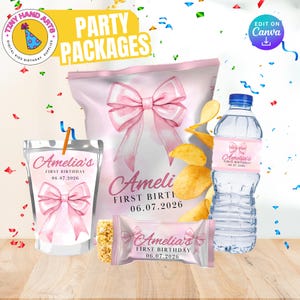 May include: A party package with pink accents, featuring a chip bag, water bottle, juice pouch, and a snack bar, all personalized with "Amelia's First Birthday 06.07.2026". The design includes pink bows and the words "Party Packages".