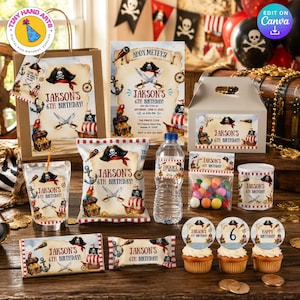 May include: A selection of pirate-themed party decorations and supplies, including invitations, gift bags, and cupcake toppers. The designs feature pirate ships, treasure chests, and the text "Jakson's 6th Birthday!" with a nautical theme.