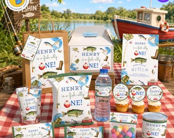 May include: A collection of party supplies with a fishing theme, including a gift bag, cake box, invitations, and snack packaging. The items are decorated with fish, fishing gear, and the text "HENRY is a fish-ally ONE!"