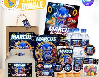 Paquete de fiesta de cumpleaños de Sonic: Kit de recuerdos editables, plantillas de Canva (solo archivo digital)
