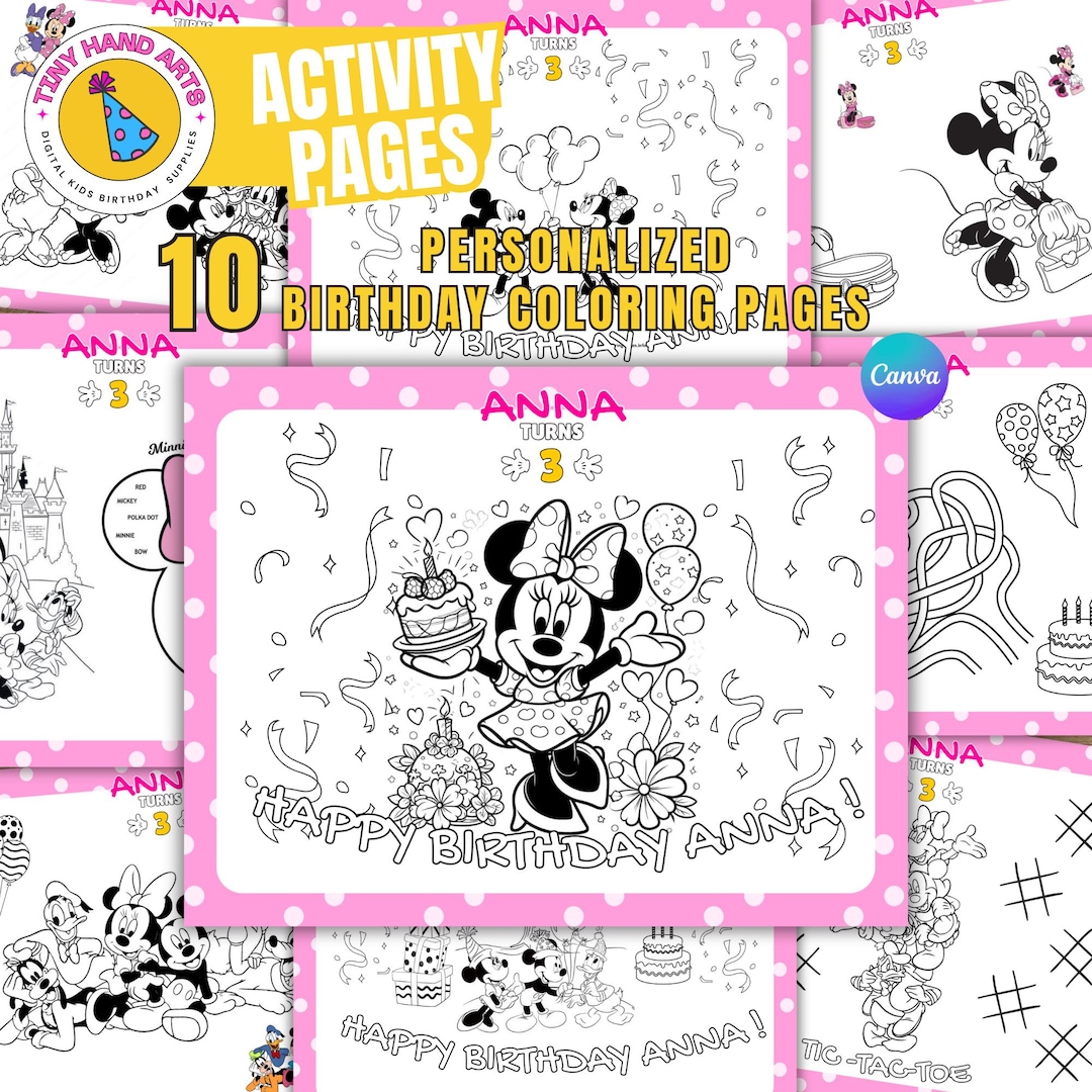 Minnie Mouse Birthday Coloring Pages: Printable Party Activity (digital ...