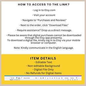 Puede incluir: Una hoja de informaci&oacute;n digital con el t&iacute;tulo "HOW TO ACCESS TO THE LINK?" y "ITEM DETAILS". La hoja proporciona instrucciones sobre c&oacute;mo descargar un archivo digital de Etsy. El fondo es blanco y amarillo.