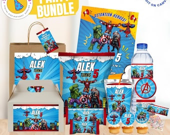Paquete de fiesta de cumpleaños de héroes: Kit de recuerdos editables, plantillas de Canva (solo archivo digital)