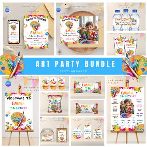 May include: A colorful art party bundle featuring invitations, decorations, and party favors. The design includes paint palettes, paintbrushes, and the text "EMMA 5th BIRTHDAY". The bundle includes a welcome sign, cupcake toppers, and water bottle labels.