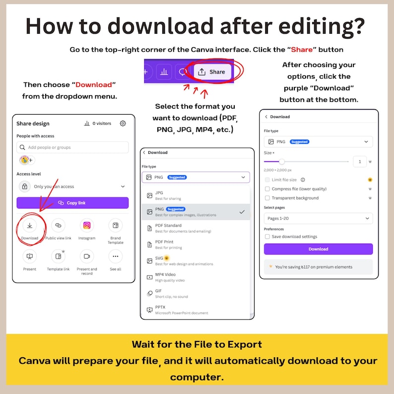 Puede incluir: Una gu&iacute;a sobre c&oacute;mo descargar despu&eacute;s de editar en Canva. La imagen muestra instrucciones paso a paso con capturas de pantalla. El texto incluye instrucciones sobre c&oacute;mo seleccionar el bot&oacute;n de compartir, elegir descargar y seleccionar un formato de archivo.