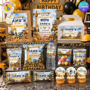 May include: A construction-themed birthday party set featuring Jame's 5th birthday, including a gift bag, invitation, favour box, snack pouches, water bottle, candy bag, and three cupcakes, all decorated with yellow excavators and cranes.