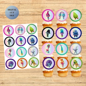Decorazioni per cupcake dei Trolls: decorazioni stampabili per feste per bambini (download digitale)