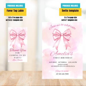 Puede incluir: Plantillas de invitaci&oacute;n y etiquetas de recuerdo de acuarela rosa. La invitaci&oacute;n presenta un lazo rosa, el texto "Join us to celebrate Amelia's First Birthday" y los detalles del evento. La etiqueta de recuerdo dice "Thank You for coming to my party! Love, Amelia."