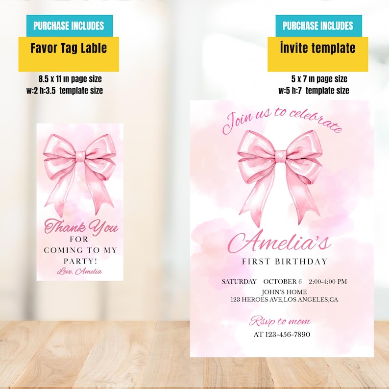 Puede incluir: Plantillas de invitaci&oacute;n y etiquetas de recuerdo de acuarela rosa. La invitaci&oacute;n presenta un lazo rosa, el texto "Join us to celebrate Amelia's First Birthday" y los detalles del evento. La etiqueta de recuerdo dice "Thank You for coming to my party! Love, Amelia."