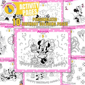 May include: A collection of personalized birthday coloring pages featuring Minnie Mouse. The pages are designed for a child named Anna, who is turning 3. The pages include the text "Happy Birthday Anna!" and various coloring activities.